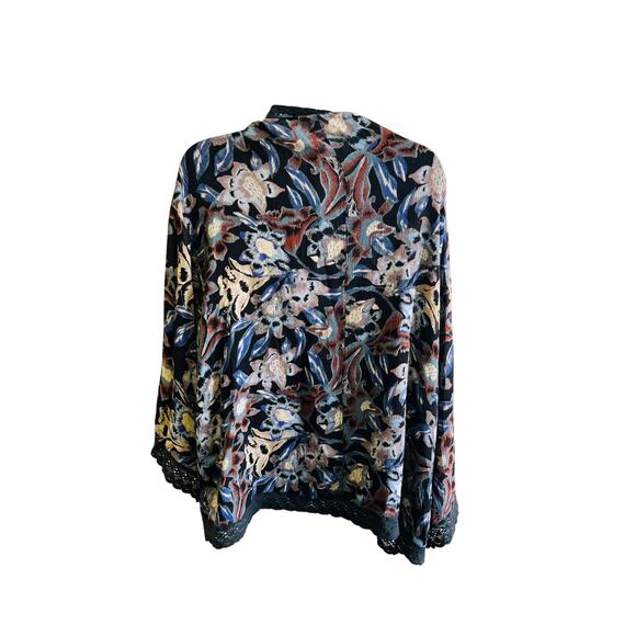 Free People M Boho Floral Velvet Lace Trim Kimono Jacket Cottagecore Festival - Picture 3 of 4